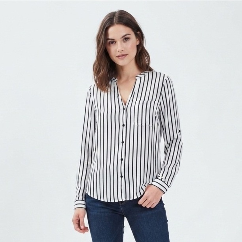 Khujo Constance Blouse Women Medium White‎ Black Striped Roll Tab Sleeve Top